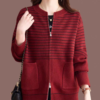 Round Neck Striped Zip Cardigan
