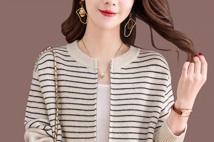 Round Neck Striped Zip Cardigan