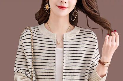Round Neck Striped Zip Cardigan