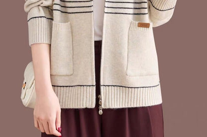 Round Neck Striped Zip Cardigan