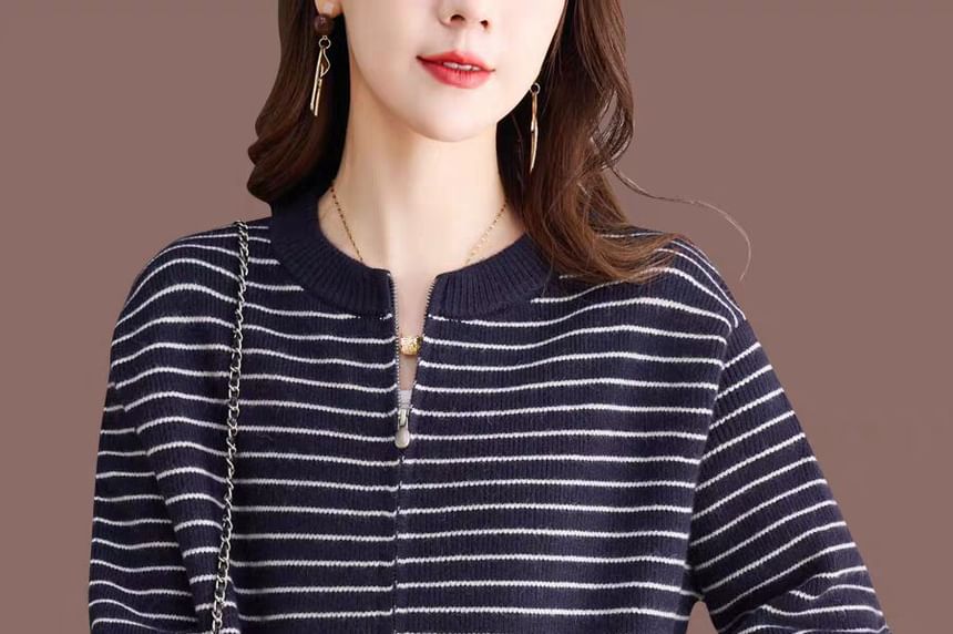 Round Neck Striped Zip Cardigan