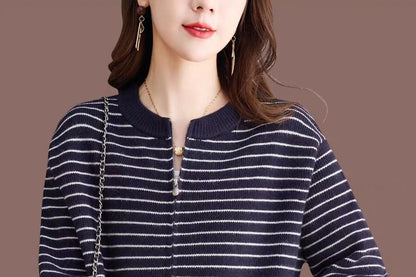 Round Neck Striped Zip Cardigan