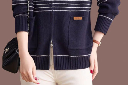 Round Neck Striped Zip Cardigan