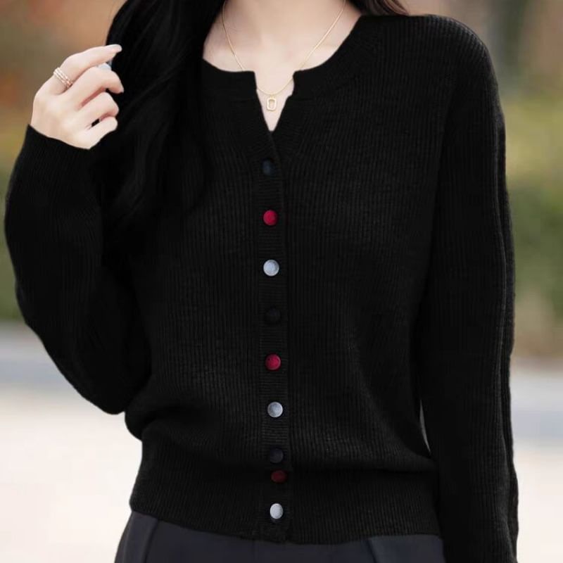 Notch Neck Plain Button Up Cardigan