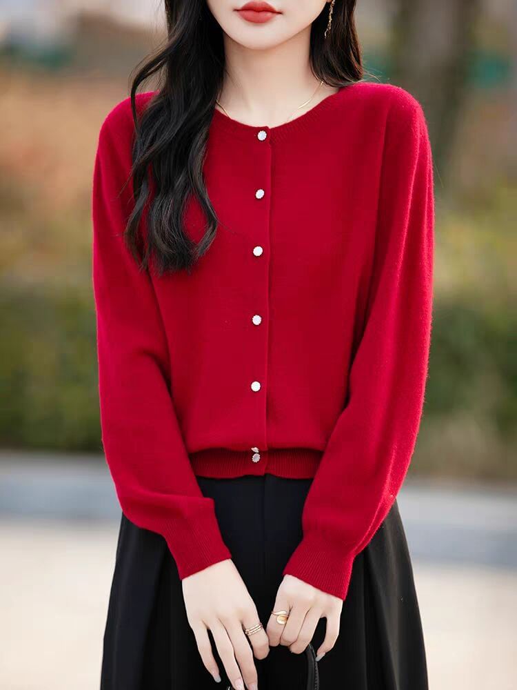 Round Neck Plain Button Up Cardigan