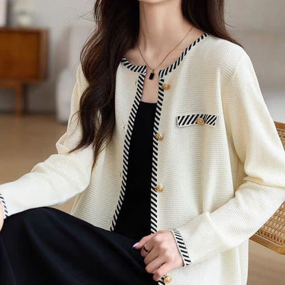Round Neck Striped Button Up Cardigan