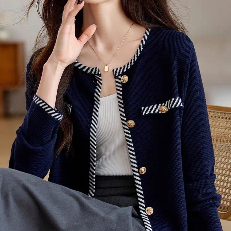 Round Neck Striped Button Up Cardigan