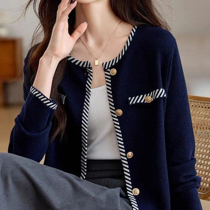 Round Neck Striped Button Up Cardigan
