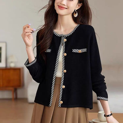 Round Neck Striped Button Up Cardigan