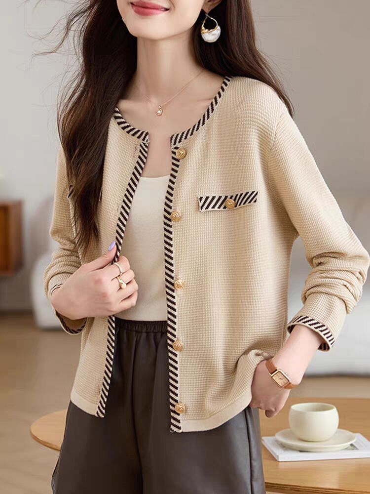 Round Neck Striped Button Up Cardigan