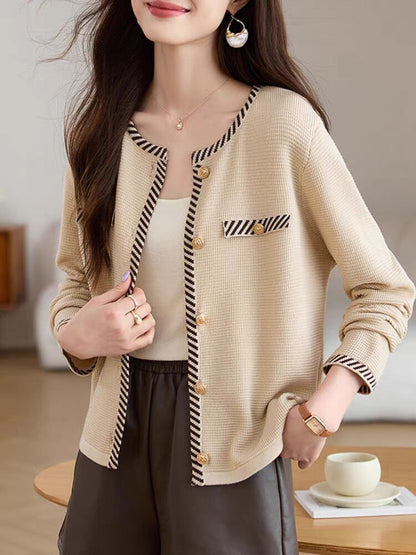 Round Neck Striped Button Up Cardigan