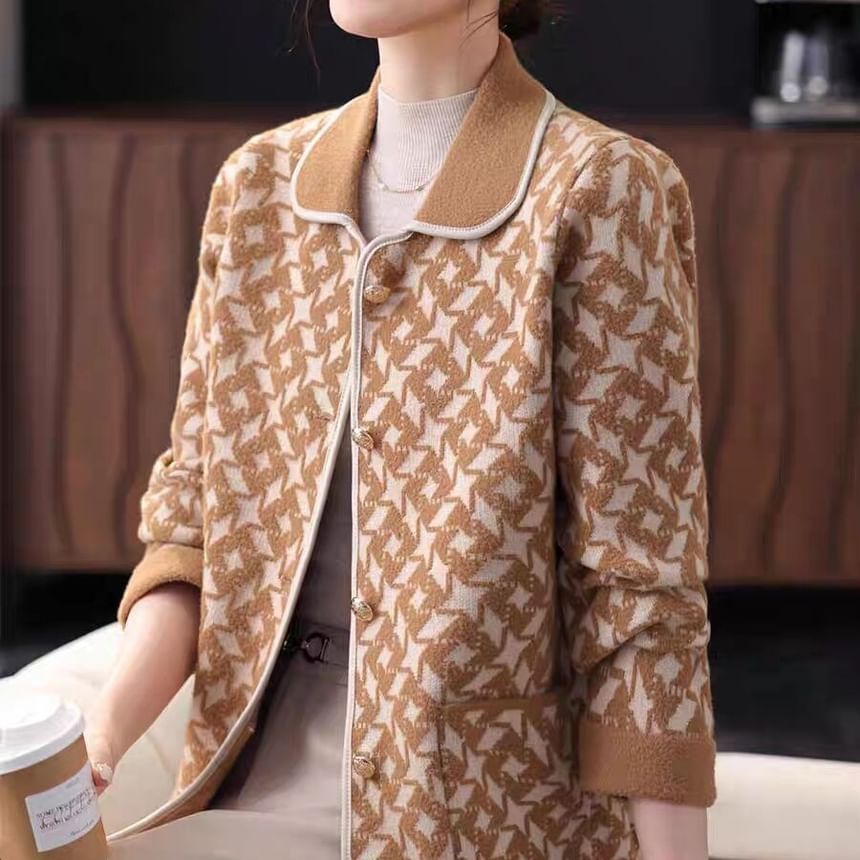 Collared Houndstooth Button Up Cardigan