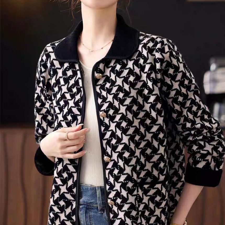 Collared Houndstooth Button Up Cardigan