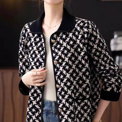 Collared Houndstooth Button Up Cardigan