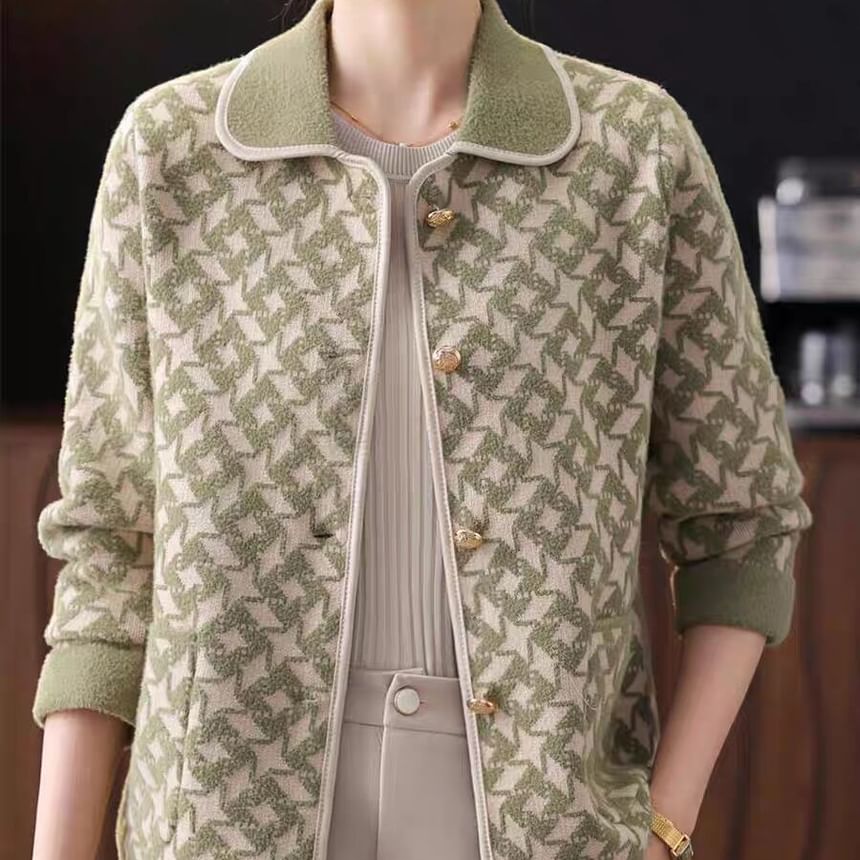 Collared Houndstooth Button Up Cardigan