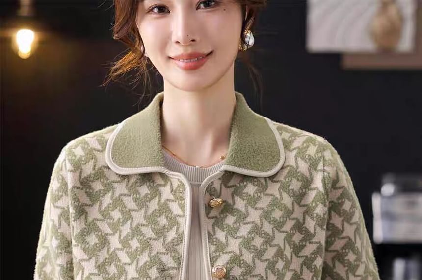 Collared Houndstooth Button Up Cardigan