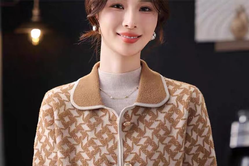 Collared Houndstooth Button Up Cardigan