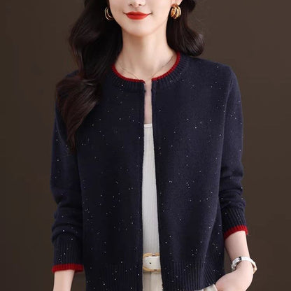 Round Neck Contrast Trim Zip Cardigan