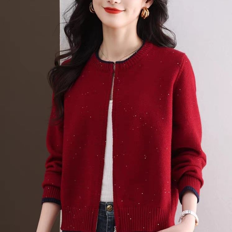 Round Neck Contrast Trim Zip Cardigan