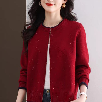 Round Neck Contrast Trim Zip Cardigan