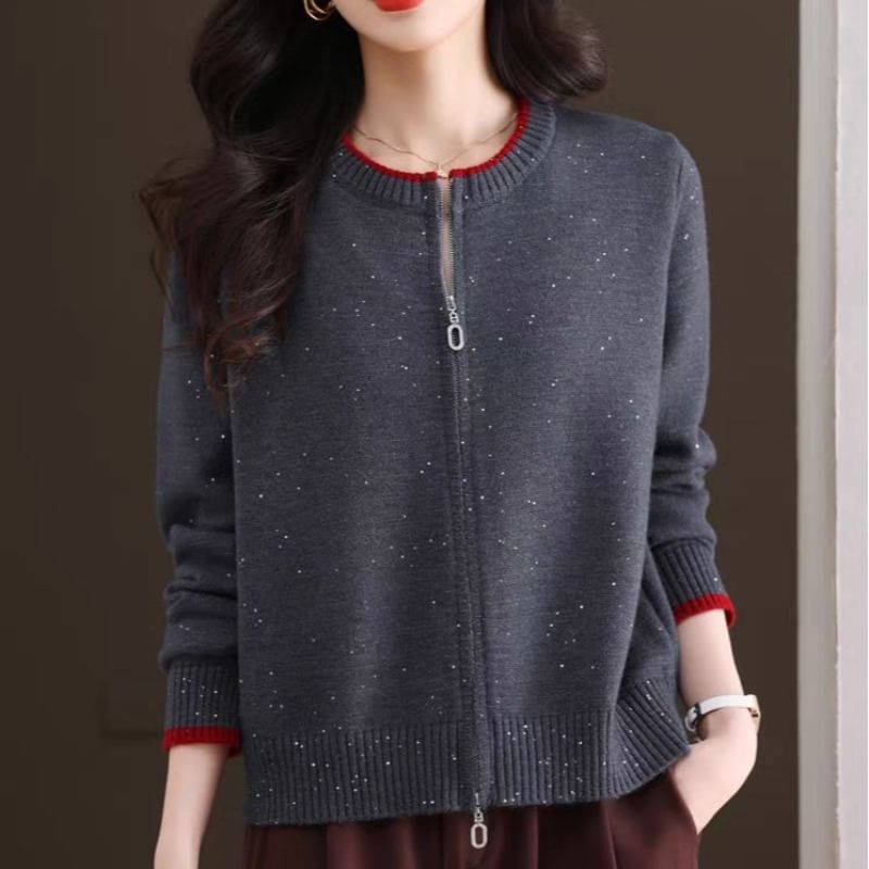 Round Neck Contrast Trim Zip Cardigan
