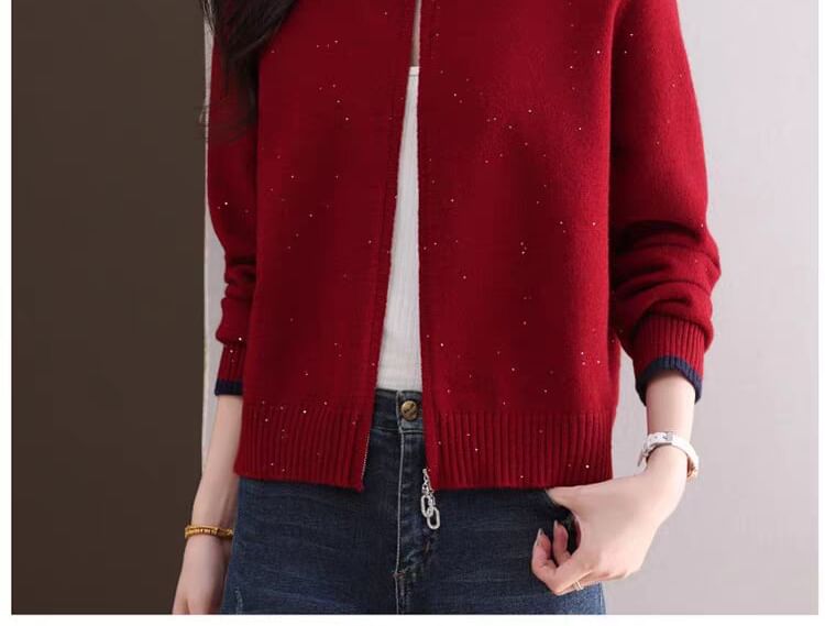 Round Neck Contrast Trim Zip Cardigan