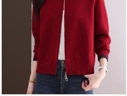 Round Neck Contrast Trim Zip Cardigan
