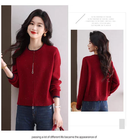 Round Neck Contrast Trim Zip Cardigan