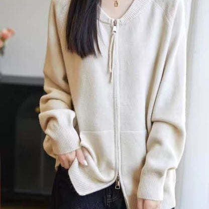 Round Neck Plain Zip Cardigan