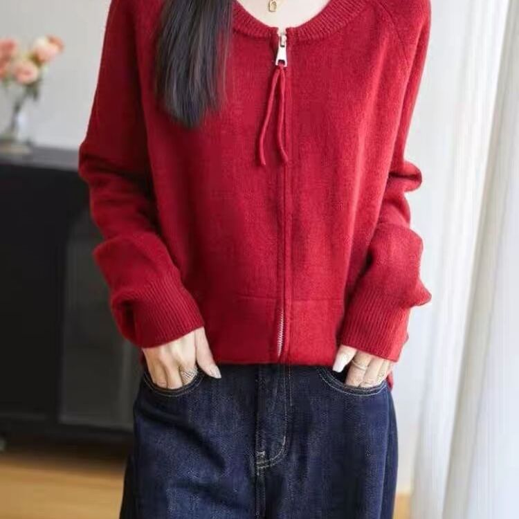 Round Neck Plain Zip Cardigan