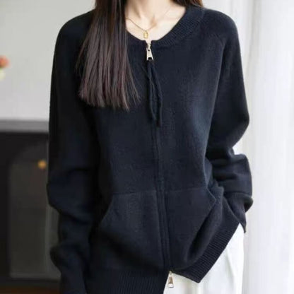 Round Neck Plain Zip Cardigan