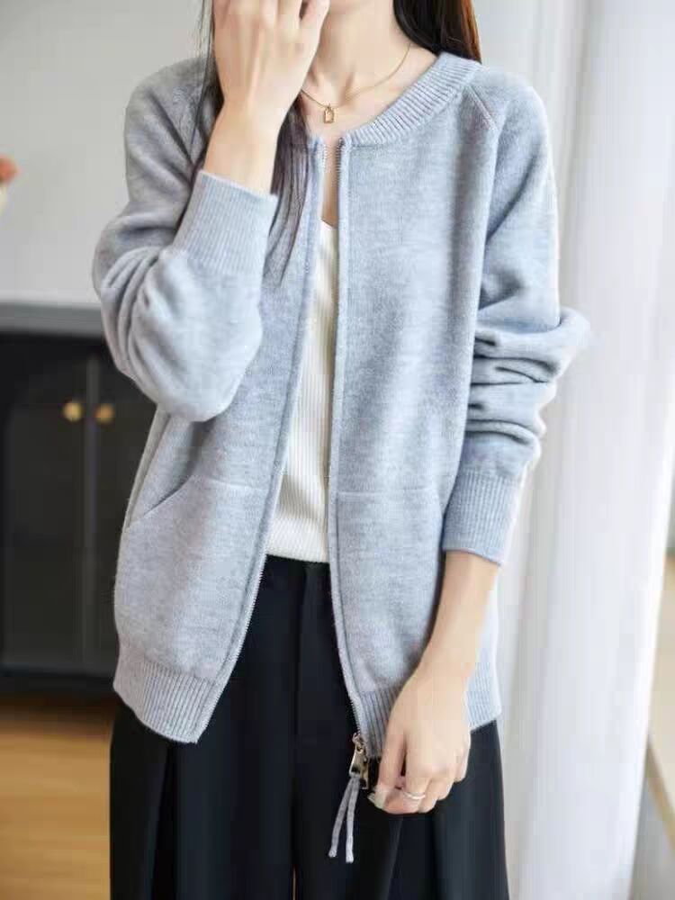 Round Neck Plain Zip Cardigan