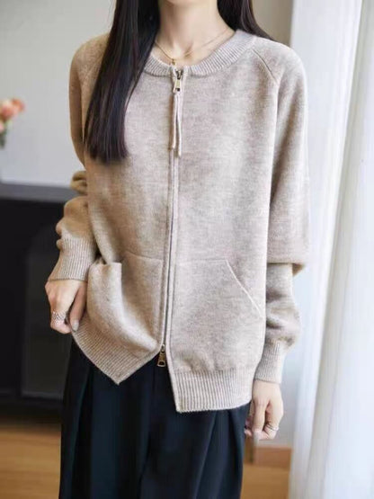 Round Neck Plain Zip Cardigan