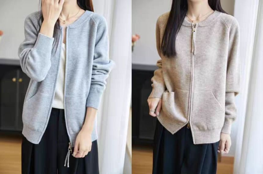Round Neck Plain Zip Cardigan
