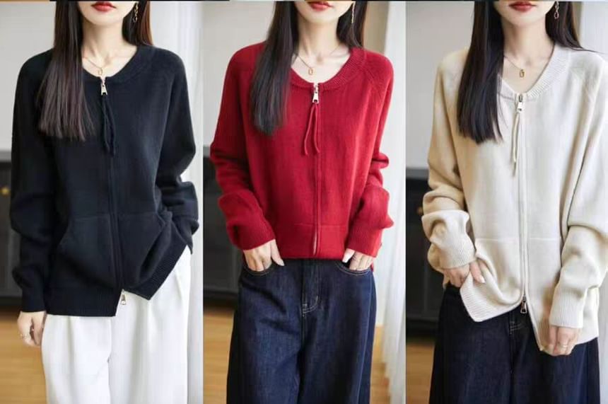 Round Neck Plain Zip Cardigan