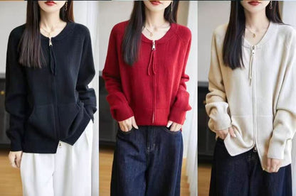Round Neck Plain Zip Cardigan