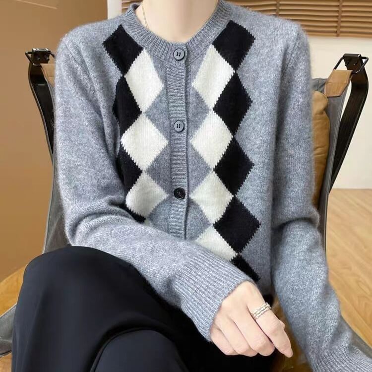 Crew Neck Argyle Button Up Cardigan