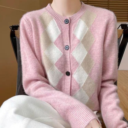 Crew Neck Argyle Button Up Cardigan