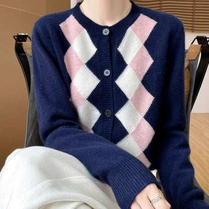 Crew Neck Argyle Button Up Cardigan