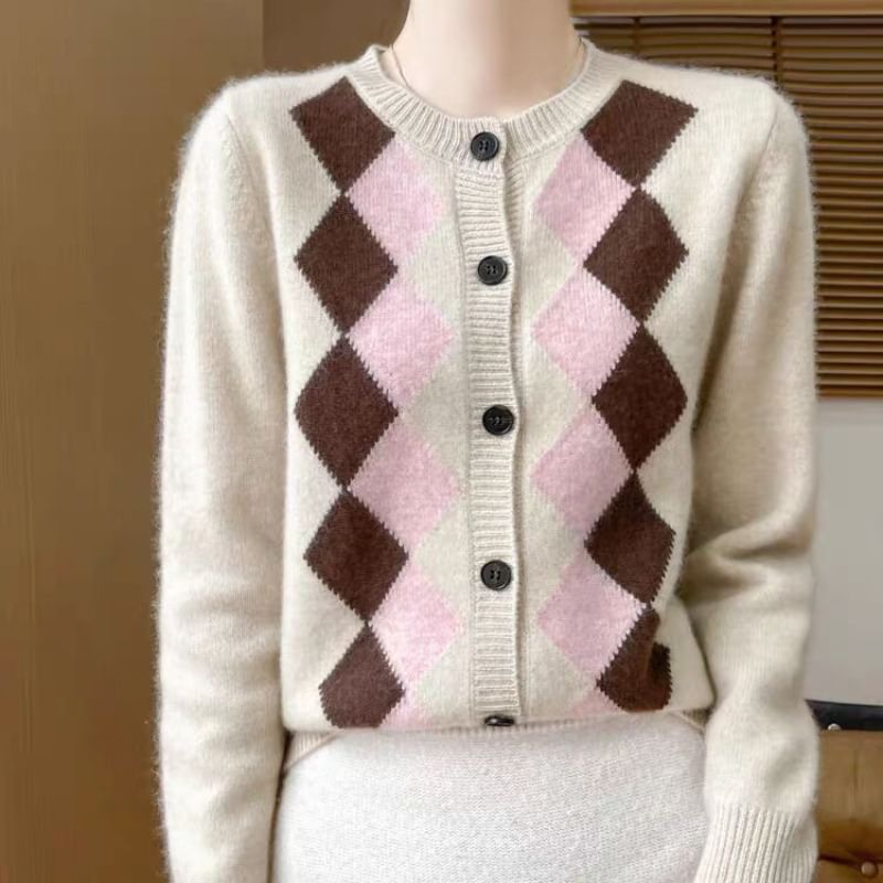 Crew Neck Argyle Button Up Cardigan