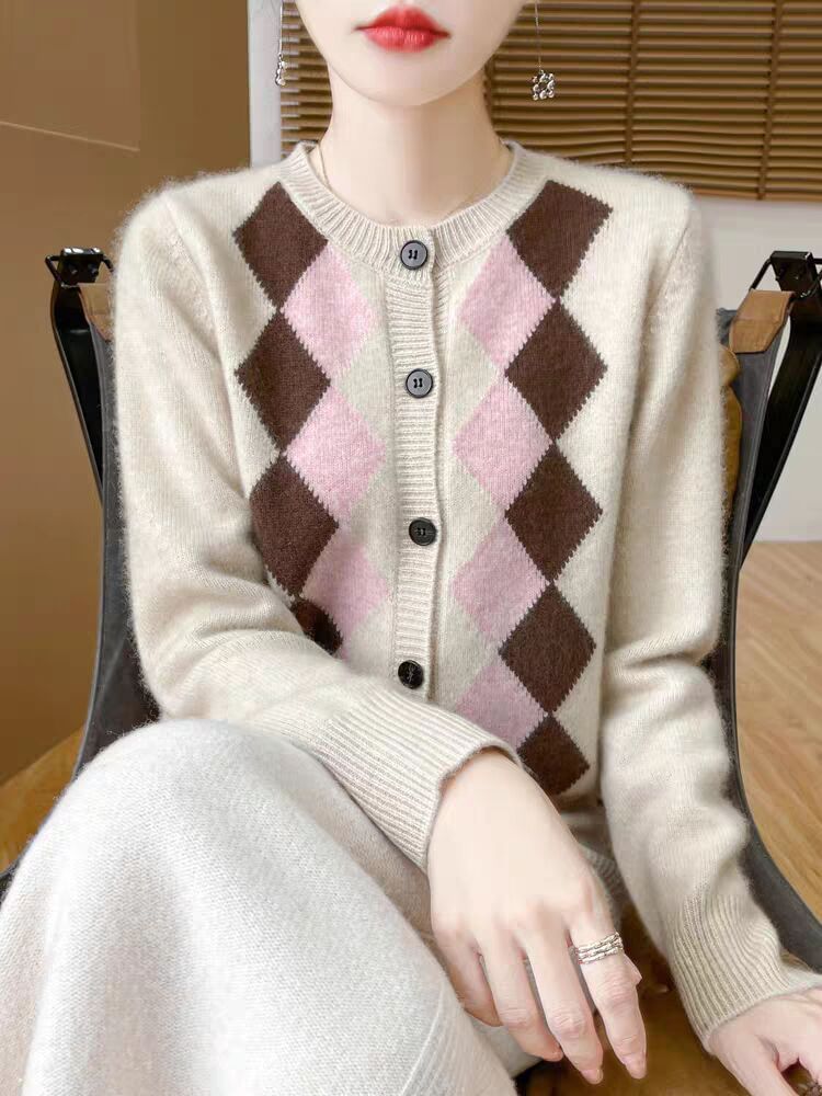 Crew Neck Argyle Button Up Cardigan