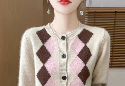 Crew Neck Argyle Button Up Cardigan