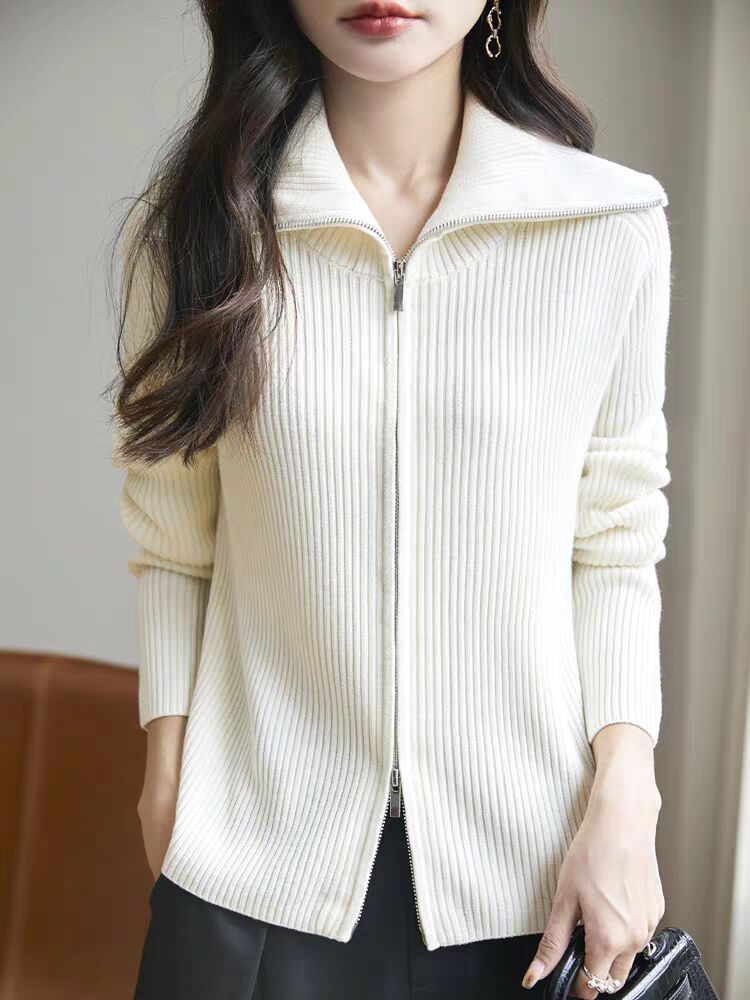 Collared Plain Ribbed Knit Zip Cardigan