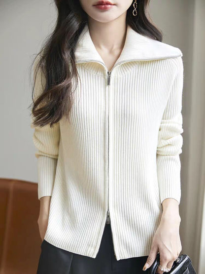 Collared Plain Ribbed Knit Zip Cardigan