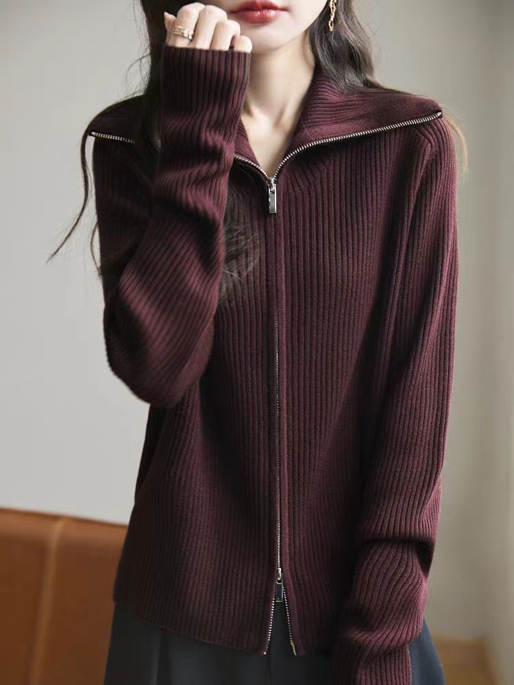 Collared Plain Ribbed Knit Zip Cardigan