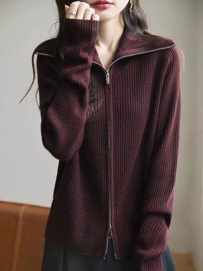 Collared Plain Ribbed Knit Zip Cardigan