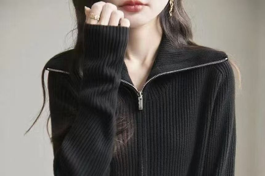 Collared Plain Ribbed Knit Zip Cardigan