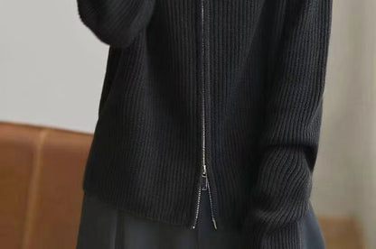 Collared Plain Ribbed Knit Zip Cardigan