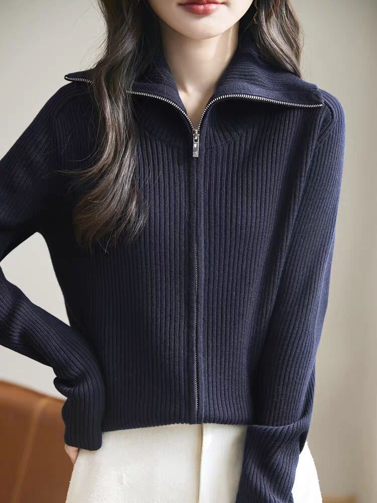 Collared Plain Ribbed Knit Zip Cardigan