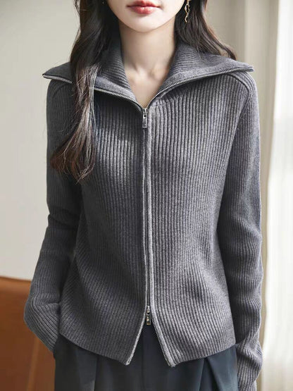 Collared Plain Ribbed Knit Zip Cardigan